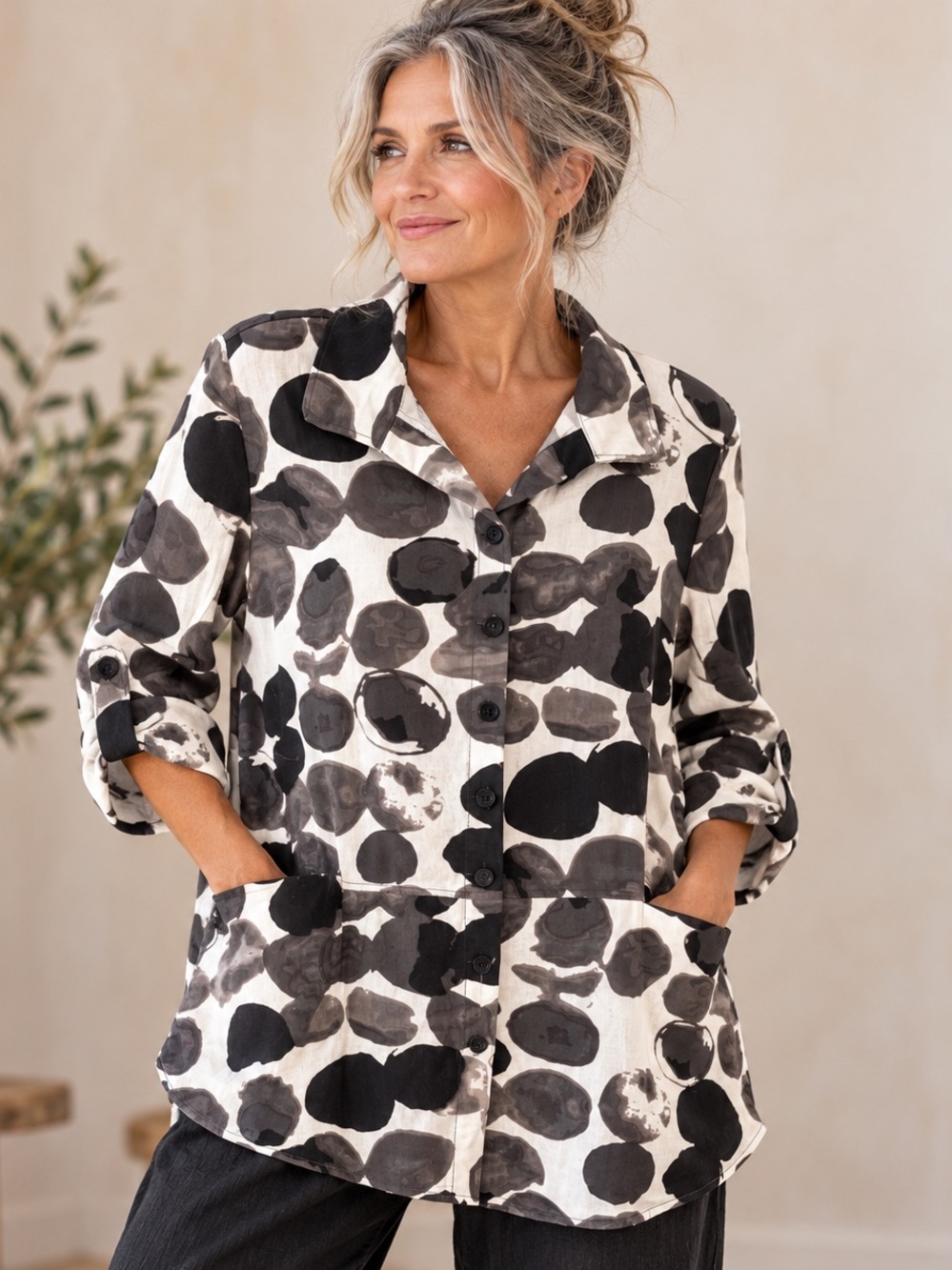 Compli K Linen Blend Abstract Print Oversized Jacket Tunic